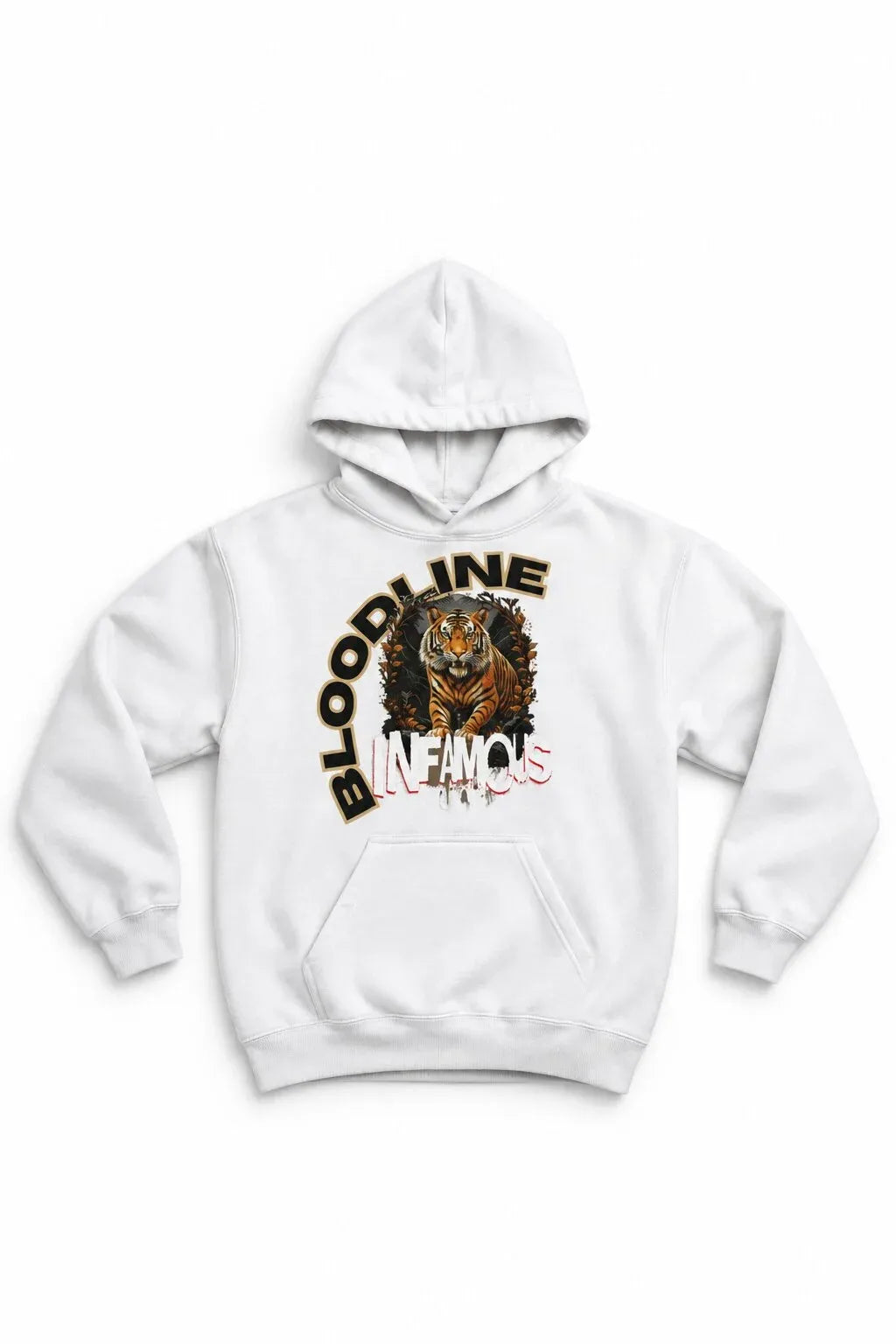 A white pullover hoodie featuring a graphic print on the front with a tiger illustration and the text 'BLOODLINE' in black, orange, and white.
